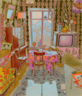 Colorful illustration of a retro room with dining table, floral tablecloth, vintage TV, and patterned curtains