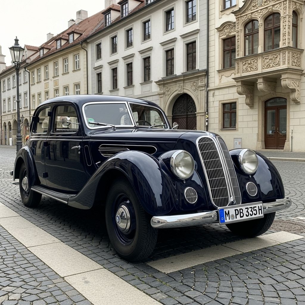 Black 1939 BMW vintage car parked on cobblestone street with historic buildings