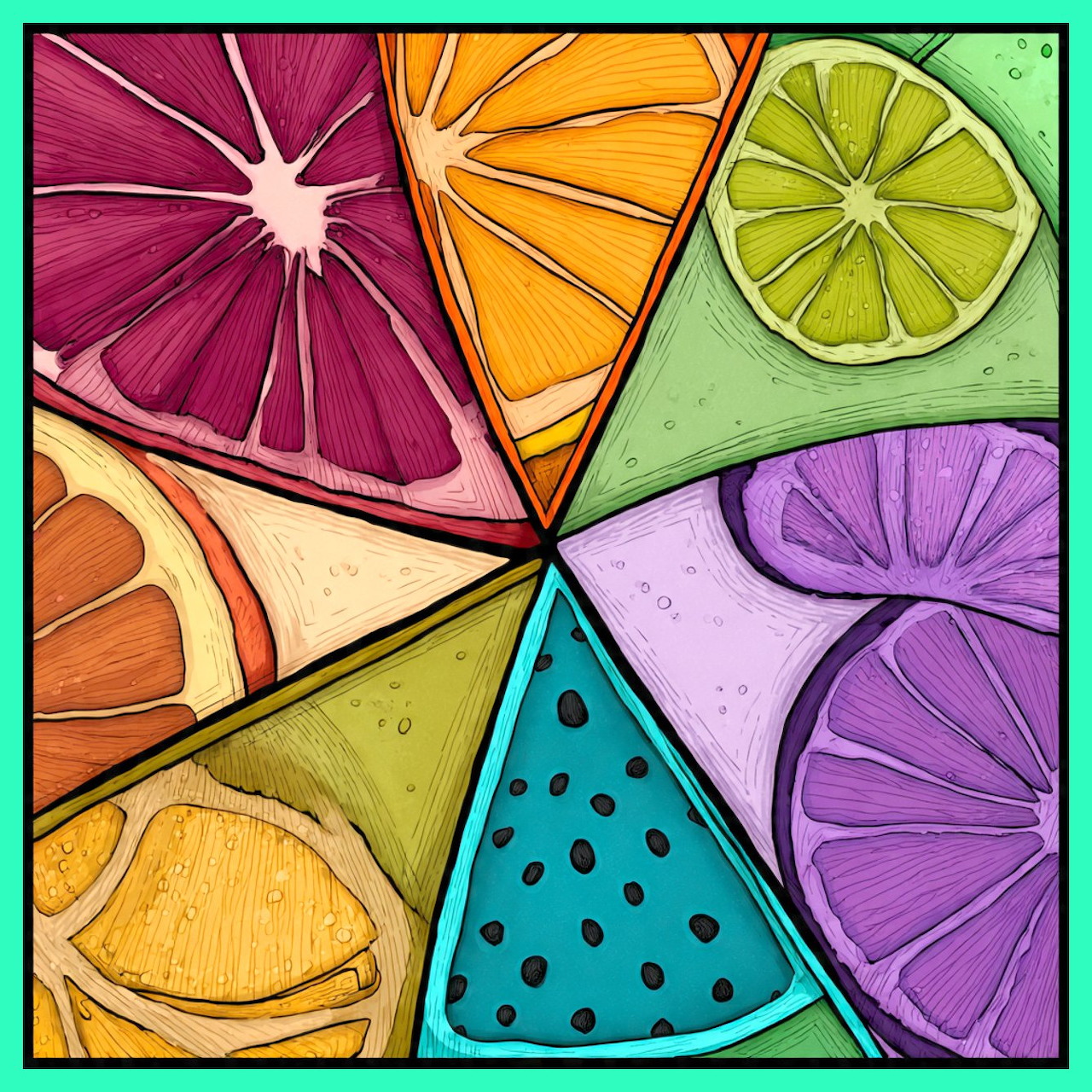 Colorful illustration of citrus fruit slices arranged in a radial pattern with bright oranges, purples, yellows, and greens