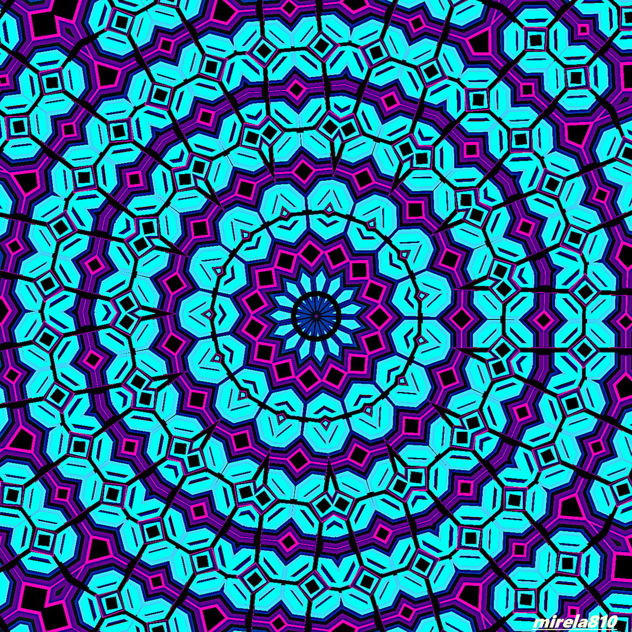 Symmetrical mandala with cyan and purple geometric patterns radiating from center