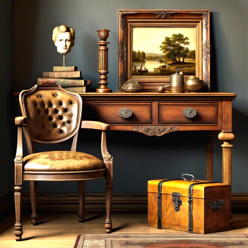 Vintage interior scene with brown leather armchair, wooden desk, framed painting, bust sculpture, and yellow trunk