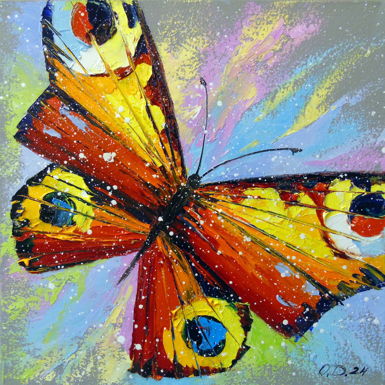 Impressionist painting of a vibrant butterfly with yellow and orange wings featuring blue eye spots on textured background