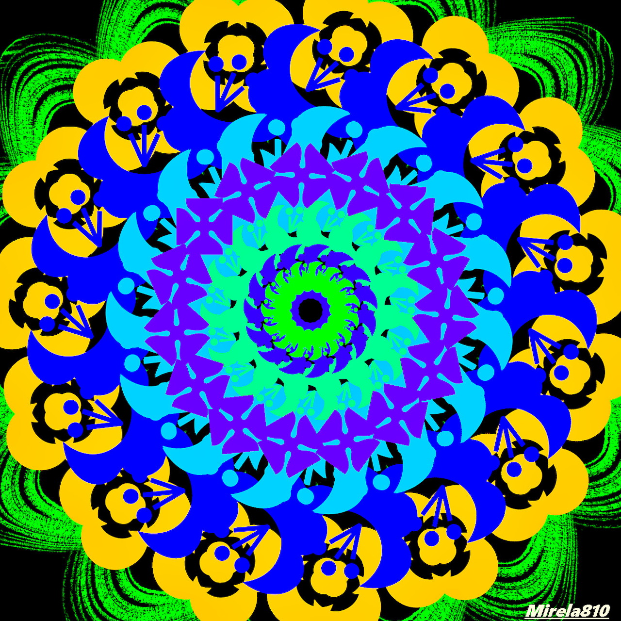 Colorful symmetrical mandala with floral and geometric patterns on a black background