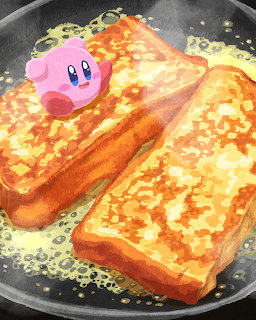 Kirby character in a pan next to two pieces of golden French toast