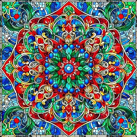 Symmetrical mandala with colorful floral patterns and geometric shapes in red, blue, green, and gold