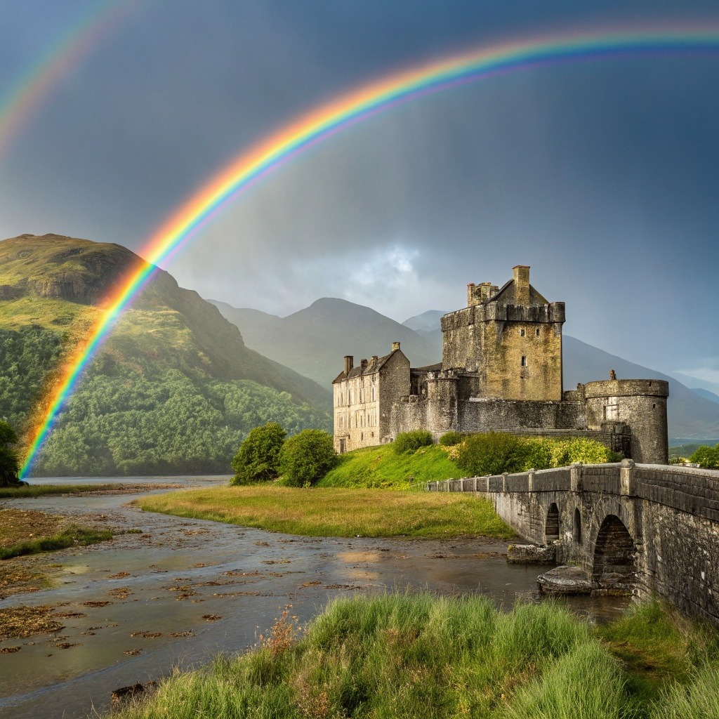 Medieval castle by water with vibrant double rainbow over green mountains and cloudy sky