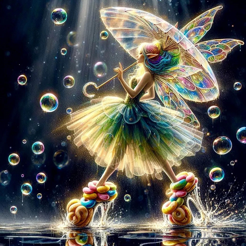 Glowing fairy with rainbow wings surrounded by floating bubbles