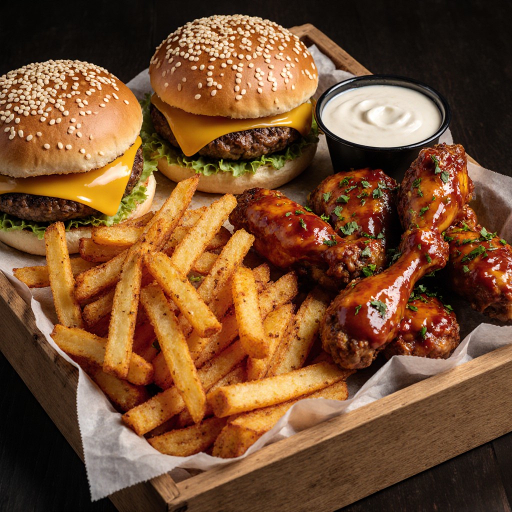 Two cheeseburgers with fries, chicken wings, and white dipping sauce in a lined basket on dark background