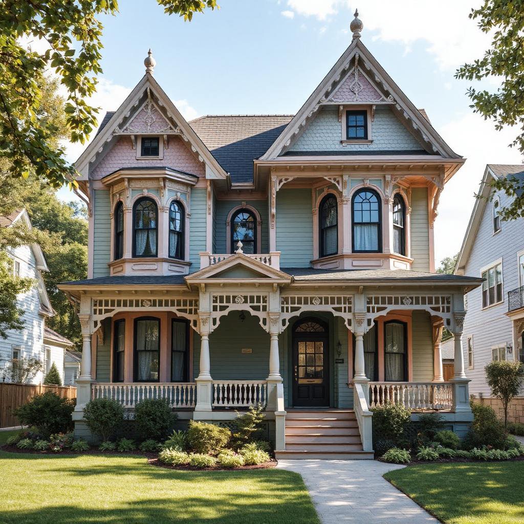 Large Victorian mansion with turrets, ornate trim, and front porch surrounded by greenery