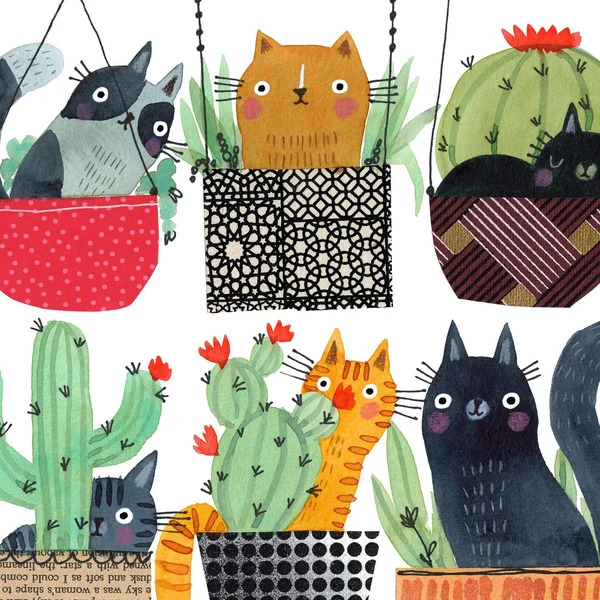 Illustrated cats in hanging planters with cacti and patterned pots