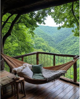 Hammock on wooden deck with mountain forest view