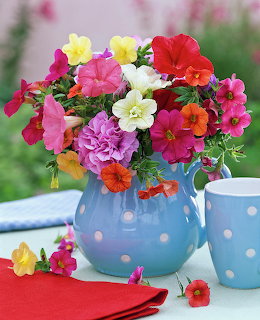 Colorful bouquet of pink, red, yellow and white flowers in a blue polka dot pitcher on a table