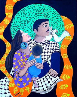 Stylized family portrait with a man, woman, child, and white dove in bold patterned colors