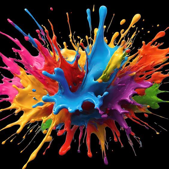 Explosive burst of multicolored paint splashing outward on black background