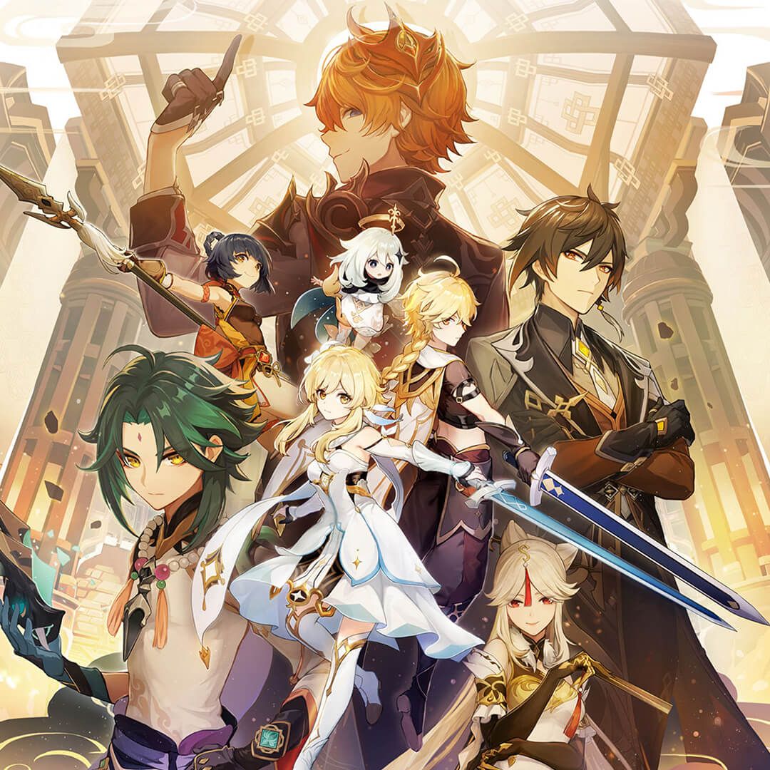 Anime-style group portrait of several Genshin Impact characters in a warm fantasy interior