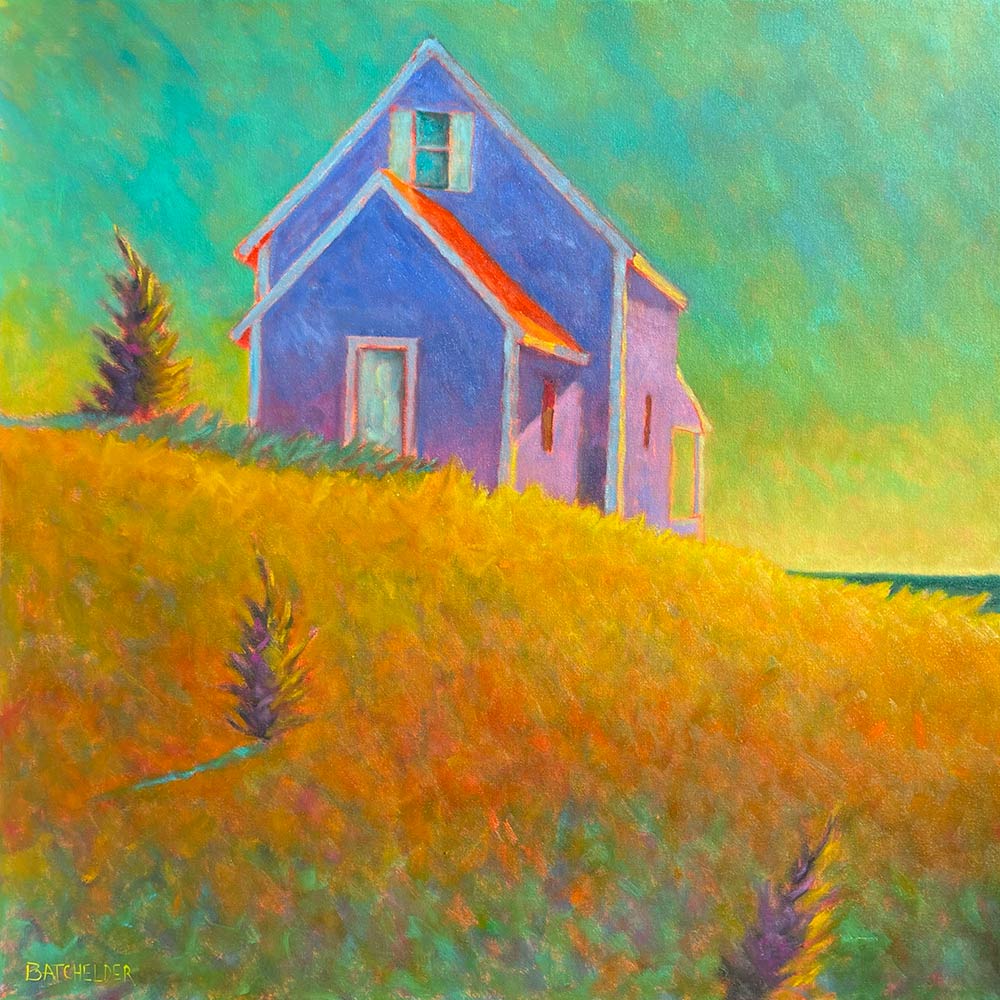 Colorful fauvist painting of purple house on golden hill with turquoise sky and cypress trees