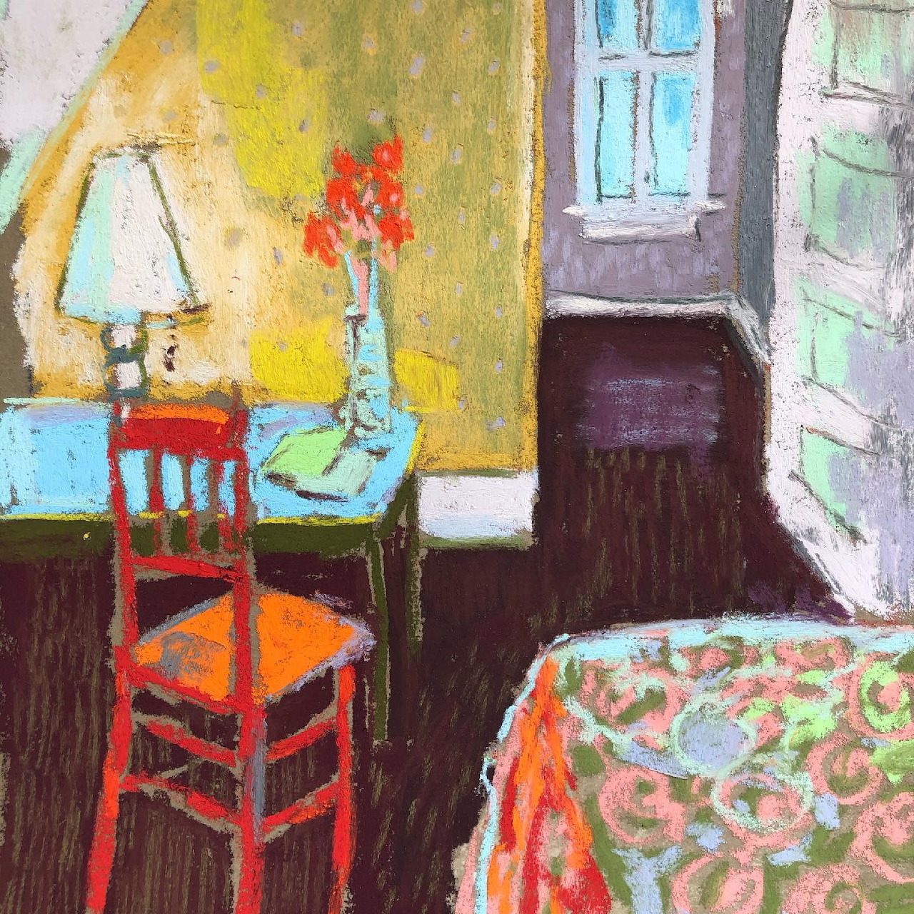 Post-impressionist painting of an attic bedroom with orange chair, desk with lamp, flowers in vase, and colorful patterned bed