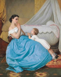 Oil painting of mother and child praying together beside a draped canopy bed in a 19th century bedroom