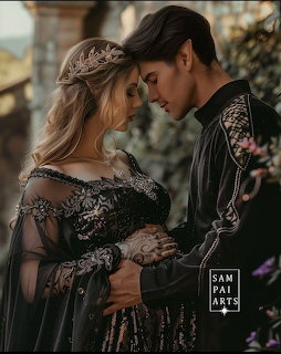 Fantasy couple in dark gothic attire embracing romantically, woman in black lace gown with gold crown