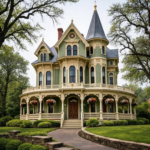 Victorian house with a wraparound porch, turret, and landscaped lawn