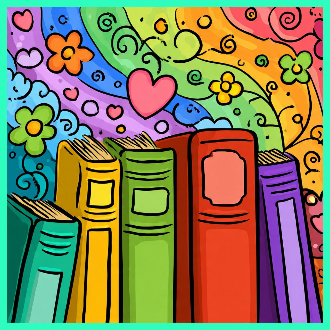 Illustration of colorful books with decorative swirls and flowers in rainbow colors