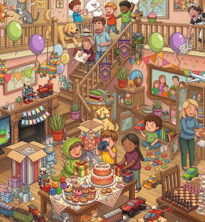 Cartoon illustration of a crowded kids birthday party inside a house with cake, balloons, and many children