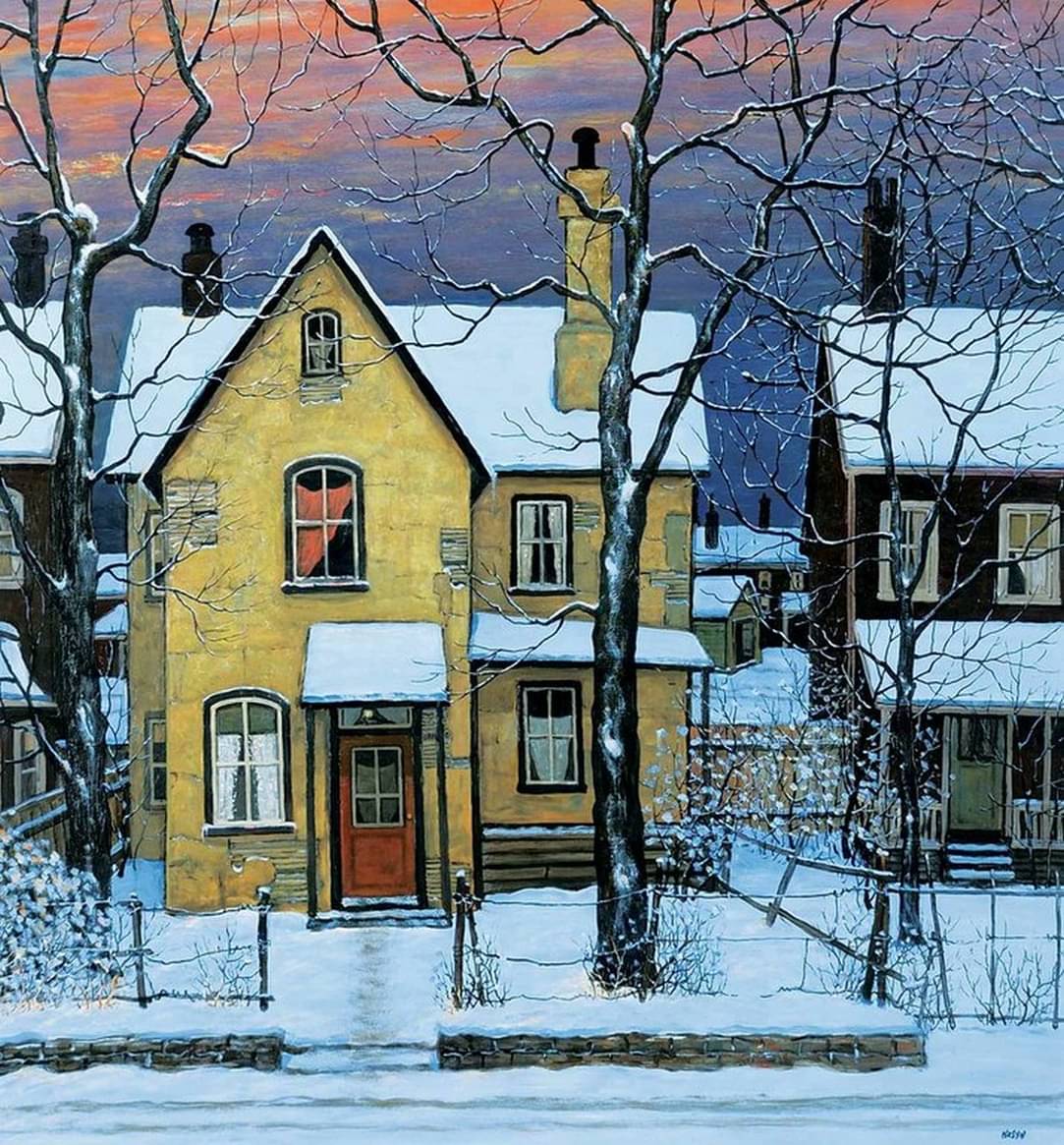 Yellow house in snowy winter landscape at dawn with bare trees and colorful sky