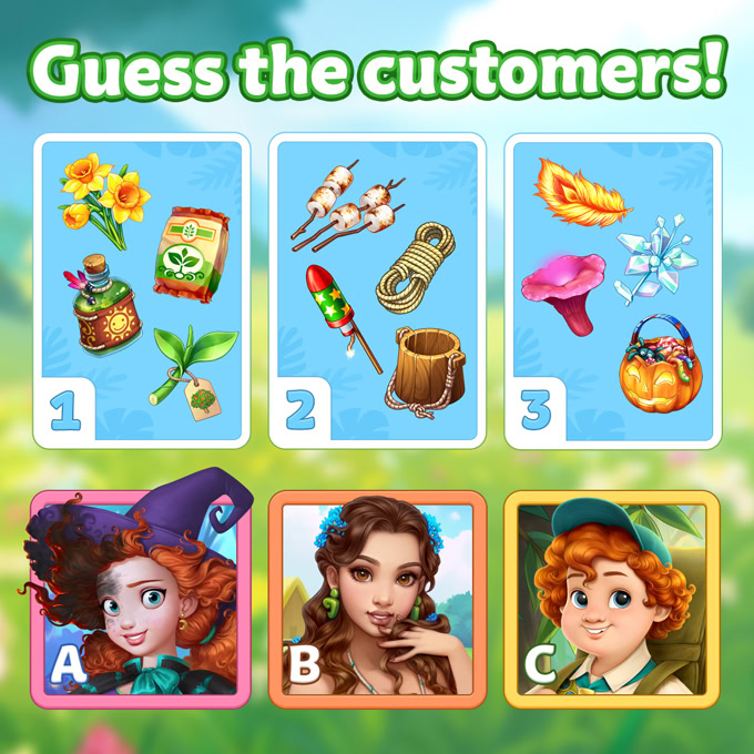 Cartoon game image with clue cards and three character portraits labeled A, B, and C