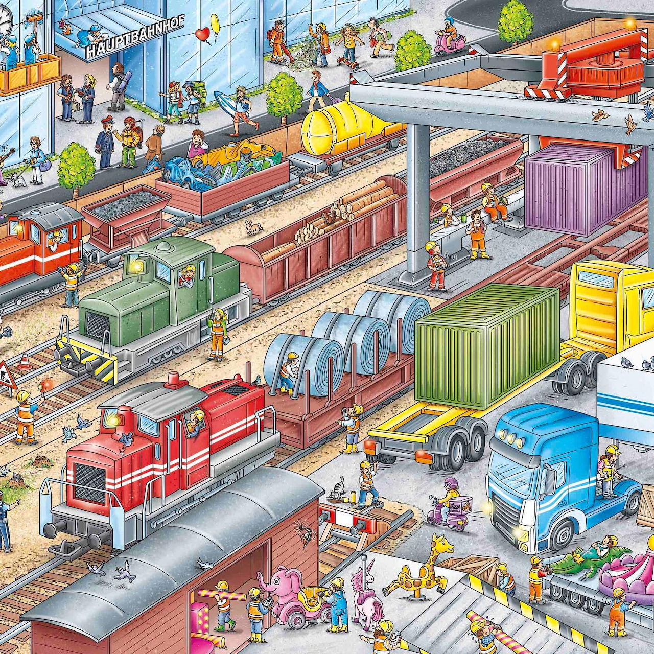 Colorful illustration of a busy freight train station with trains, containers, workers, and vehicles