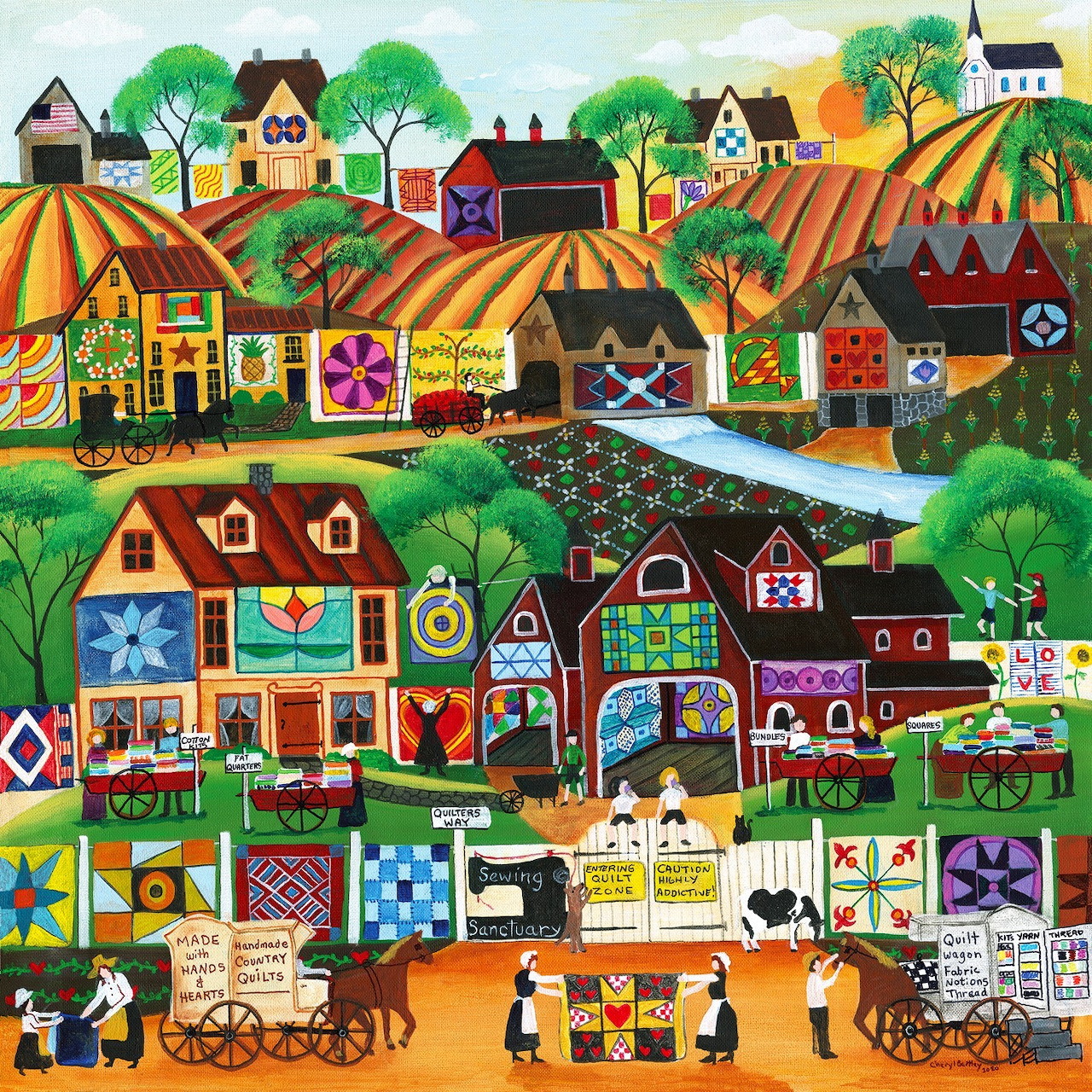 Folk art illustration showing a vibrant farm village with barns, quilts, animals, and garden plots in patchwork style