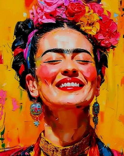 Colorful portrait of Frida Kahlo smiling with flower crown and traditional Mexican jewelry