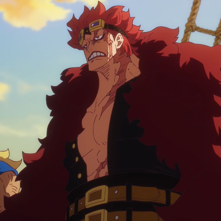 Anime character with spiky red hair and dark coat looking down intensely against cloudy sky