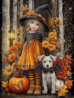 Illustration of a little girl in a witch costume with a small dog wearing bat wings among autumn decor