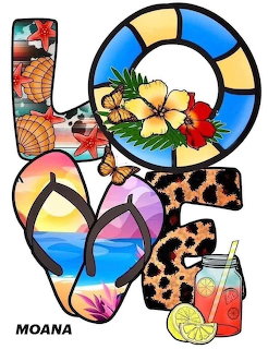 LOVE letters filled with beach elements: flip-flops, tropical flowers, lifesaver ring, and leopard print patterns