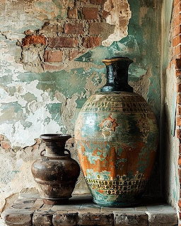 Two aged clay pots on stone ledge against peeling turquoise wall