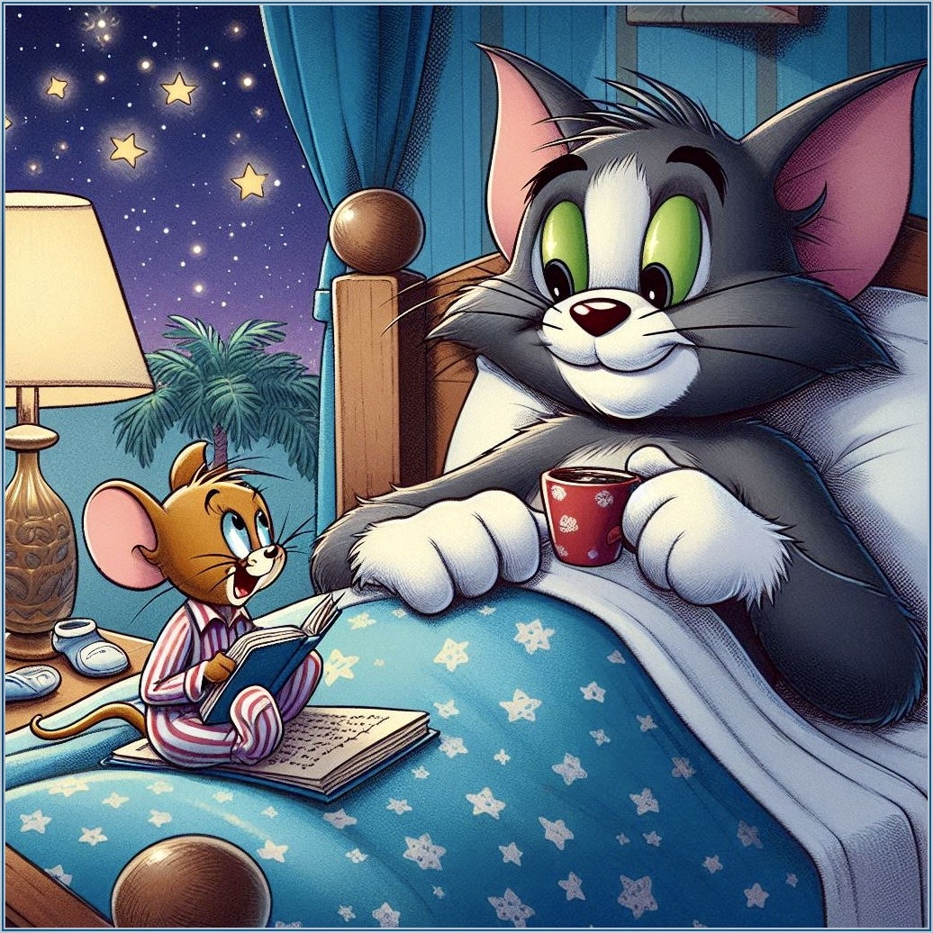 Tom the cat in bed holding a mug while Jerry the mouse reads a book on the bedside, starry night visible through window