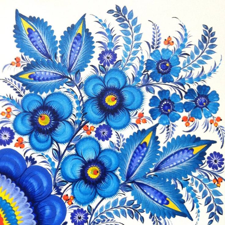 Blue floral illustration with large flowers, leaves, and yellow accents on a white background