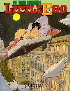 Comic cover: person on UFO flying over ornate city buildings under yellow moon