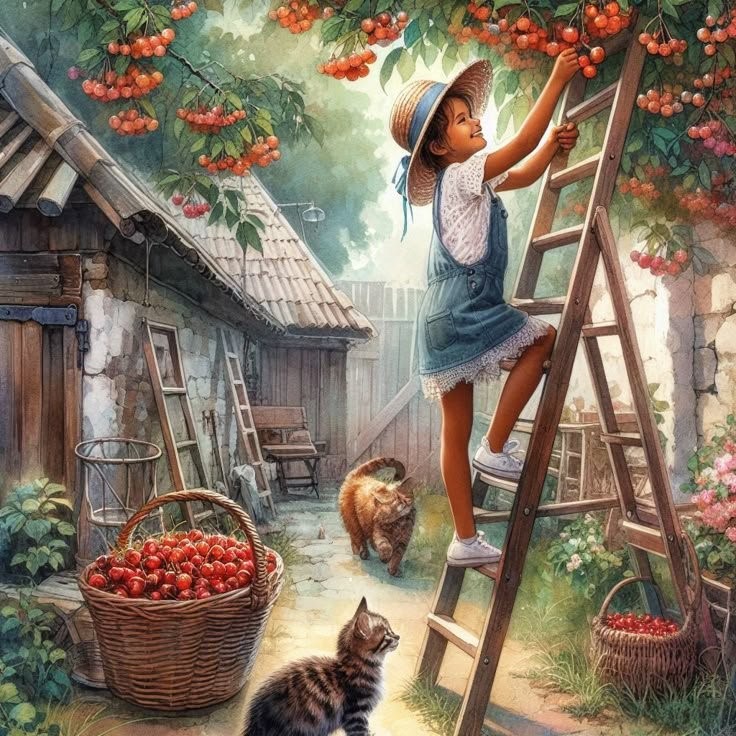 Girl on ladder picking apples from tree in cottage garden with cats and fruit baskets