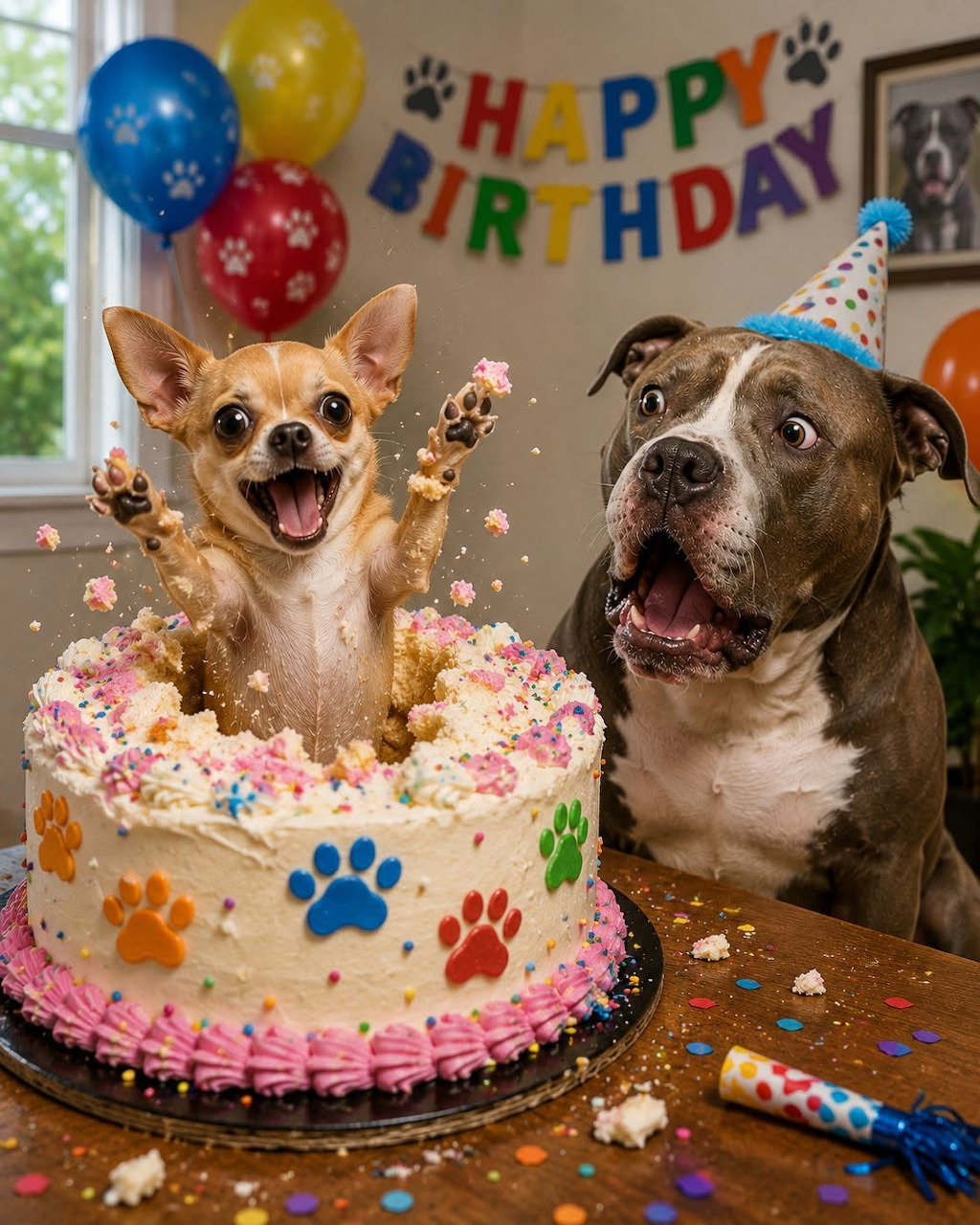 Chihuahua jumping out of birthday cake with a pit bull in a party hat beside it and Happy Birthday banner