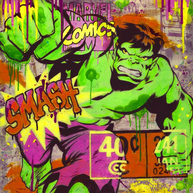 Colorful pop art collage of Hulk character with comic book graphics and text overlays