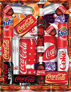 Collage of assorted Coca-Cola branded soda cans and bottles in red, orange, and white colors arranged together