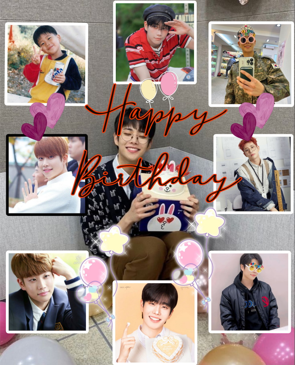 Birthday collage with multiple photos, balloons, and Happy Birthday text on gray background