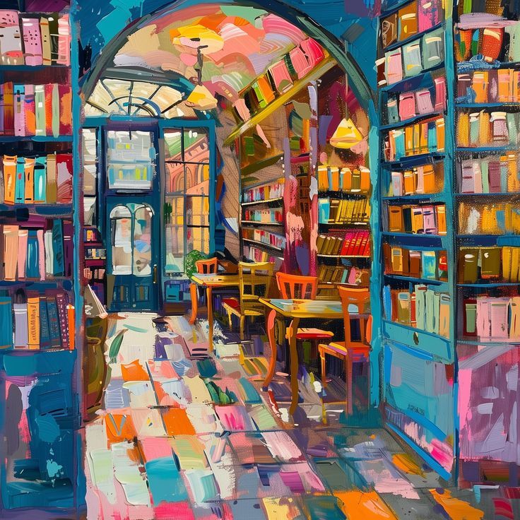 Colorful impressionist painting of library interior with rainbow bookshelves and checkered floor