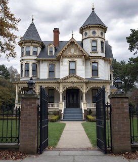 Grand Victorian mansion with ornate trim, conical tower, and iron gate entrance on an overcast day