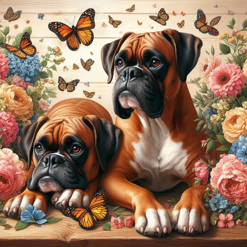 Boxer Dogs with Butterflies