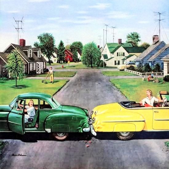 Vintage illustration of two 1950s cars colliding while backing up on a suburban neighborhood street