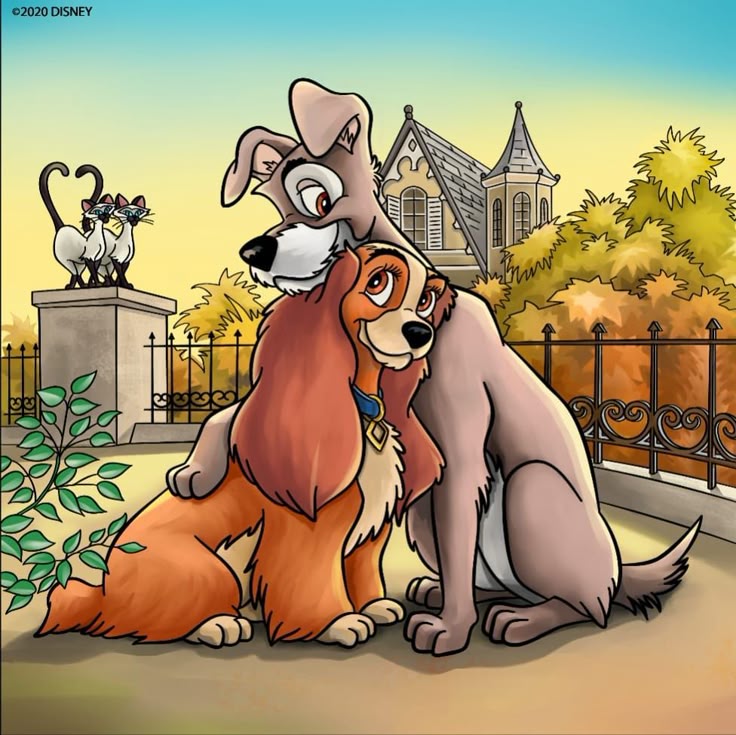Two cartoon dogs, one cocker spaniel and one gray mutt, sitting affectionately together in a park setting