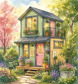 Watercolor cottage with pink door surrounded by vibrant flowers and autumn trees