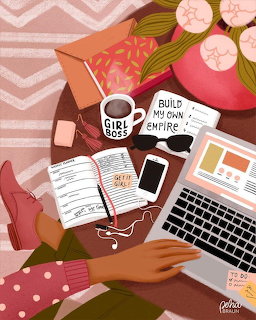 Illustration of a flatlay desk scene with girl boss mug, planner, laptop, phone, sunglasses and pink flowers